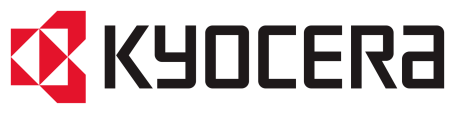 Logo von Kyocera mit rot-weißen geometrischen Formen und schwarzer Schrift.