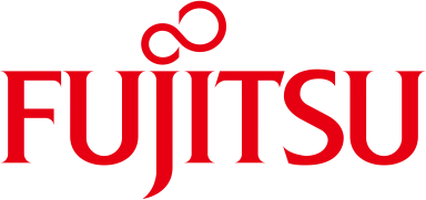 Fujitsu-Logo in roter Schrift mit einer stilisierten Unendlichkeitssymbol.