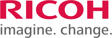Logo von Ricoh mit dem Slogan "imagine. change." in rot und grau.