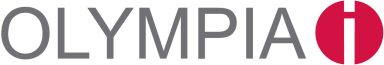 Logo von Olympia in grauer Schrift mit rotem Punkt.